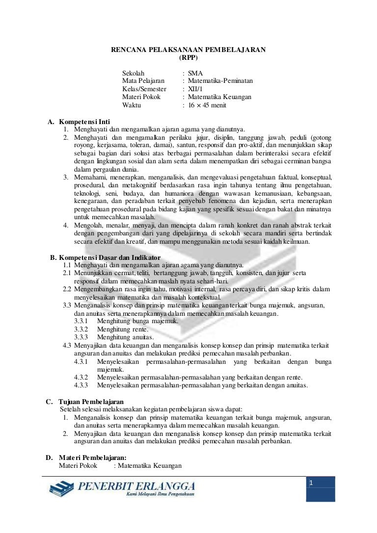 Rpp Matematika Sma Xii Peminatan Bab 3 Matematika Keuangan