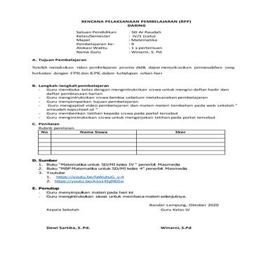 Rpp matematika daring | DOC