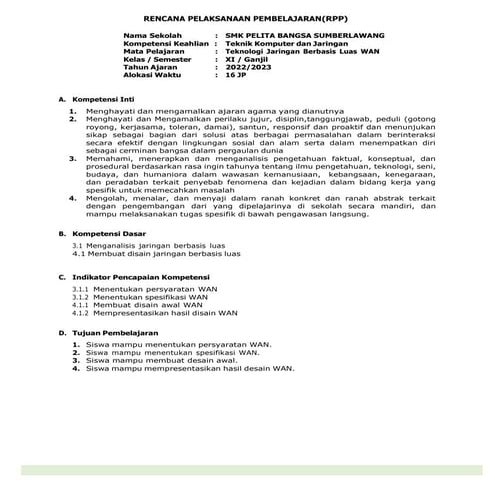 RENCANA PELAKSANAAN PEMBELAJARAN (RPP) kelas xi tkj | PDF