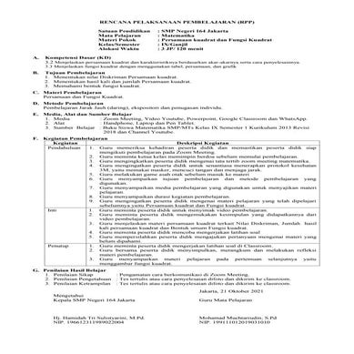 Rpp persamaan kuadrat dan fungsi kuadrat