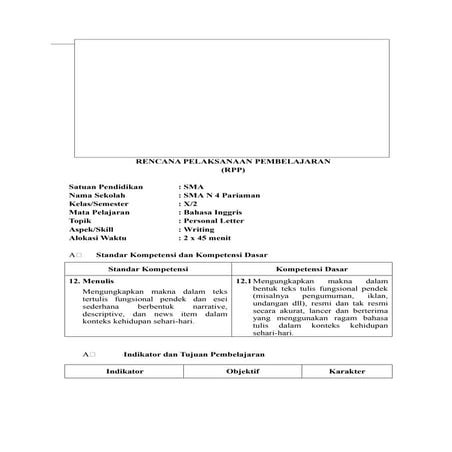RPP B.Inggris kelas X KTSP Personal Letter ~ writtingskill