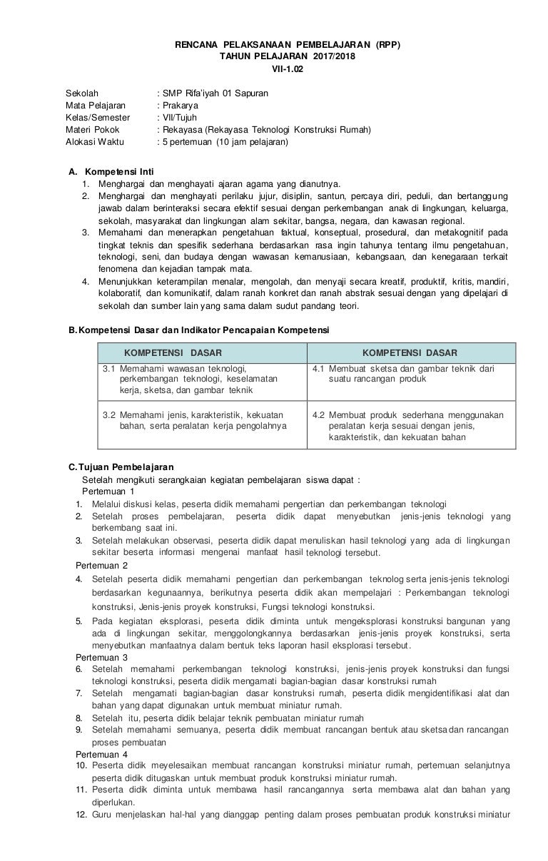 Rpp Prakarya Teknologi Kelas Vii