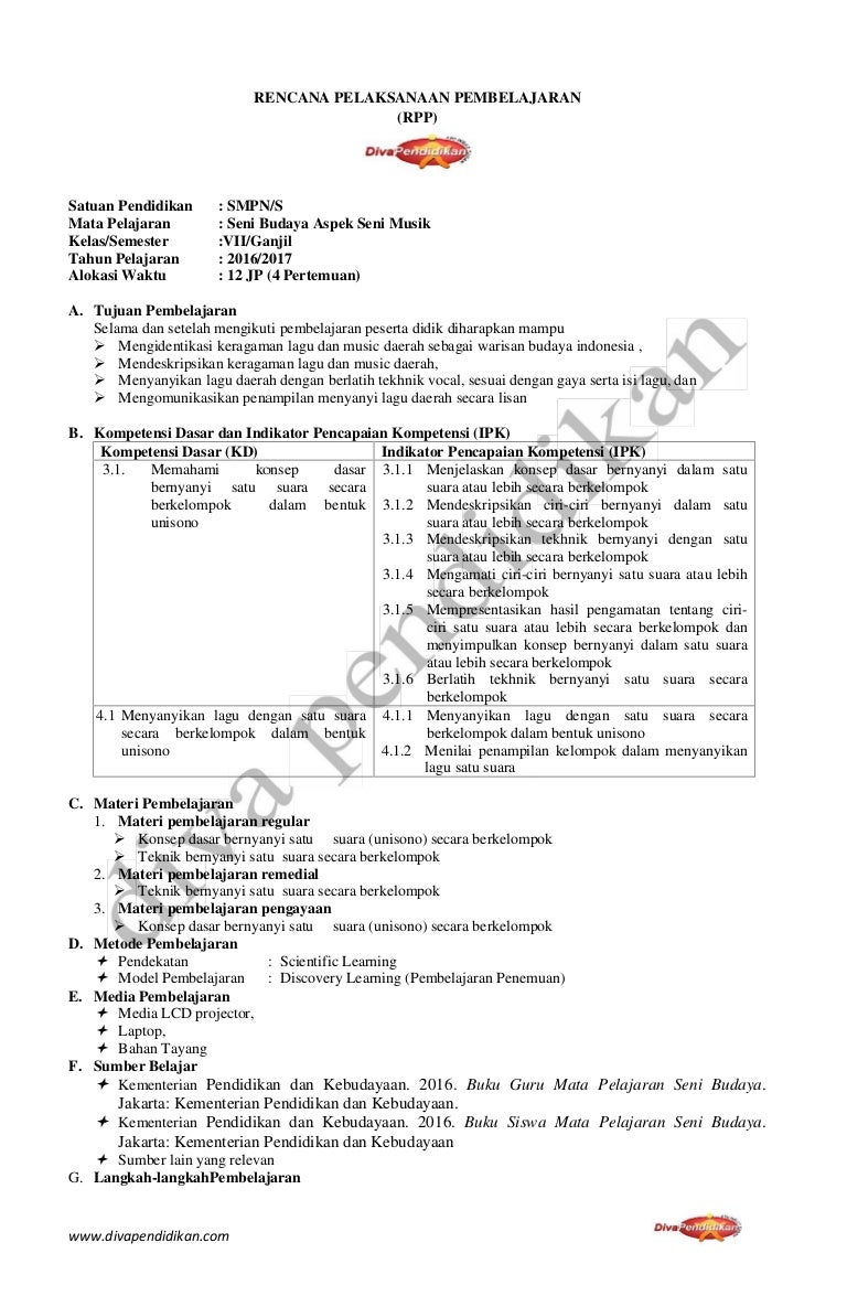 Rpp Revisi 2016 Seni Budaya Smp Kelas 7 Rpp Diva Pendidikan