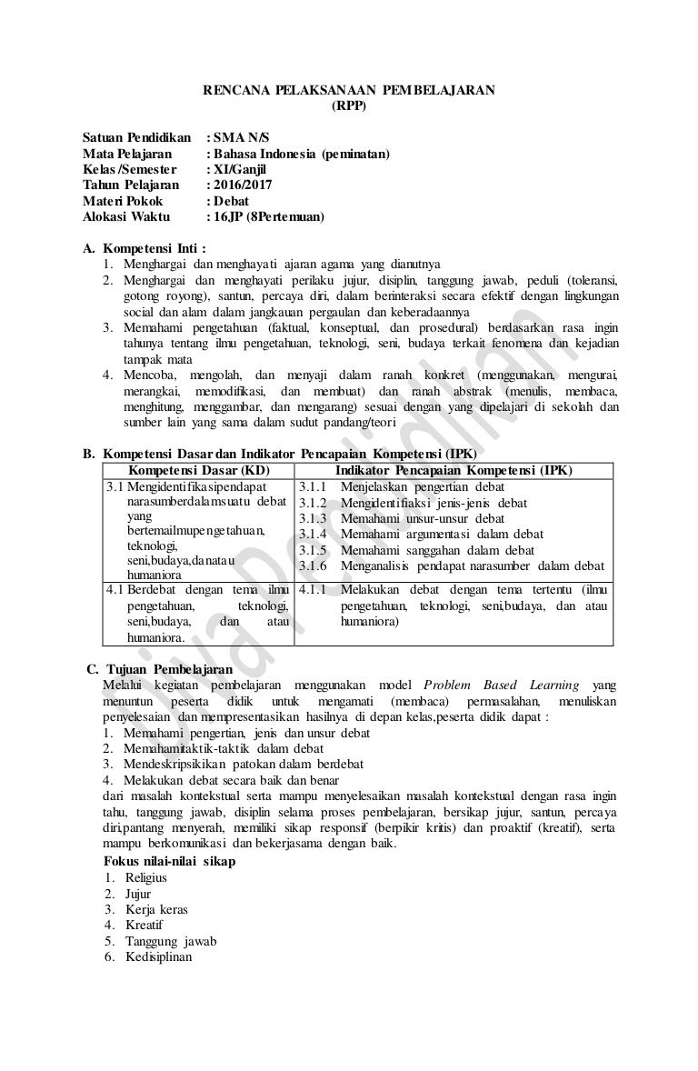 Rpp Revisi 2017 Bahasa Indonesia Peminatan Kelas 11 Sma