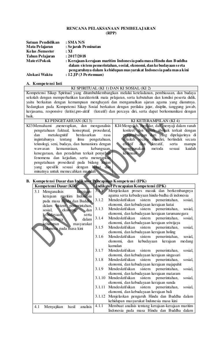 Rpp Revisi 2017 Sejarah Peminatan Kelas 11 Sma