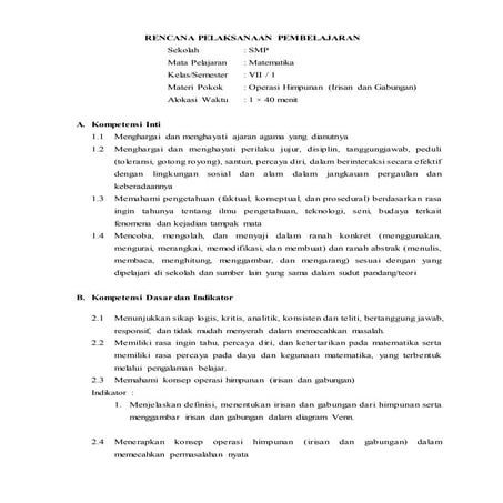 RPP Operasi Himpunan SMP Kelas VII Kurikulum 2013 (Irisan dan Gabungan)