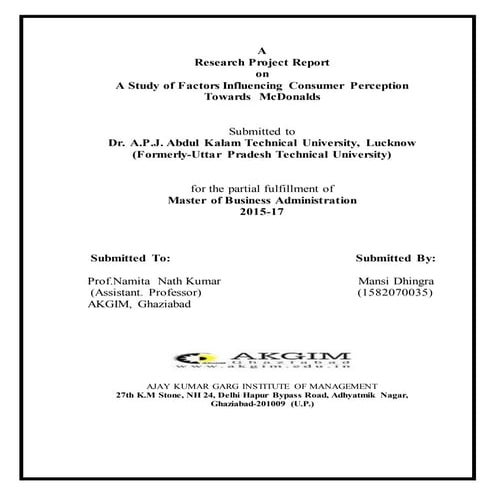 A STUDY OF FACTORS INFLUENCING CONSUMER PERCEPTION TOWARDS MCDONALDS
