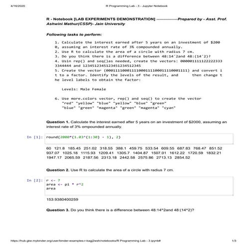 R programming lab 3 - jupyter notebook | PDF