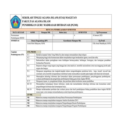 Rps Perencanaan Pembelajaran Mi Rps Rps Rps Docx