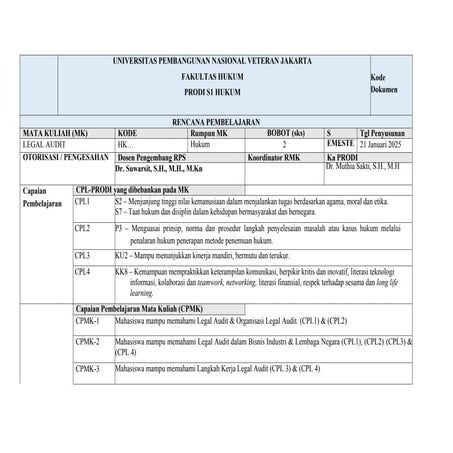 RENCANA PEMBELAJARAN SEMESTER (RPS) LEGAL AUDIT | DOCX