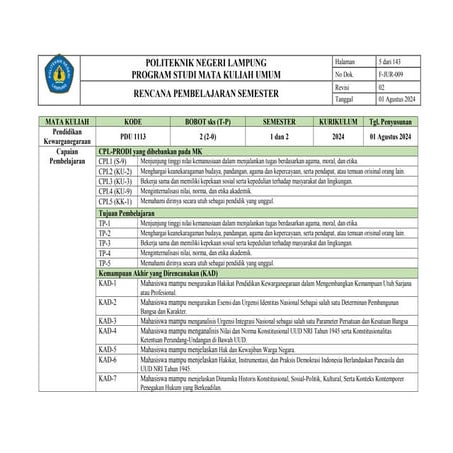 RPS OBE KEWARGANEGARAAN - mata kuliah MKU | PDF