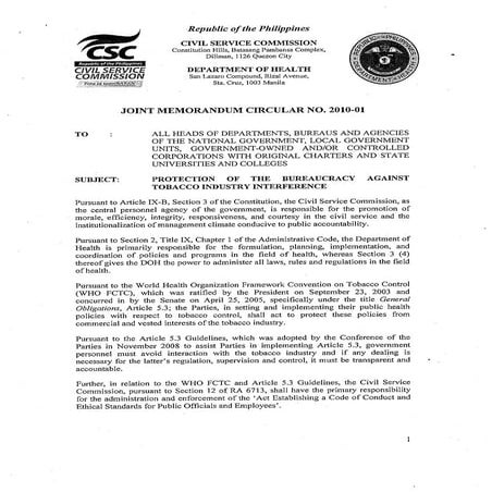 Joint Memorandum Circular No. 2010-01 (DOH and CSC)