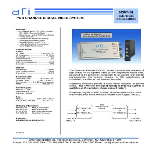 American Fibertek RR-920C-SL Data Sheet