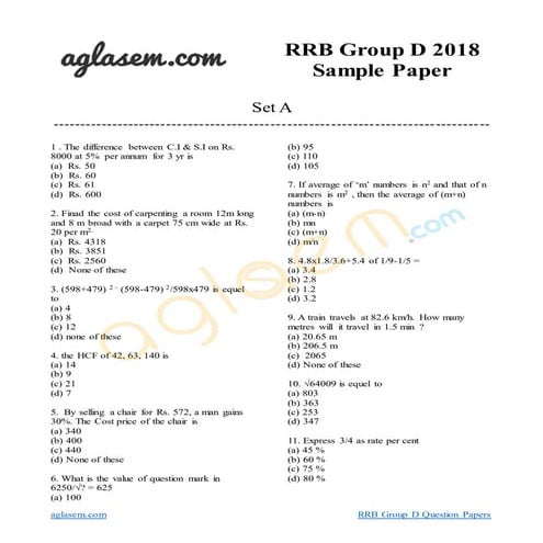 RRB Group D 2018 Sample Paper by aglasem.com - Set A