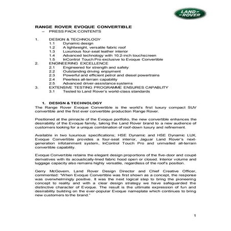 Range Rover Evoque Convertible Press Release (Full) | DOCX | Luxury ...
