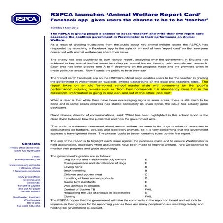 Rspca launches ‘animal welfare report card’