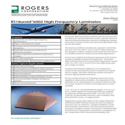 RT/duroid 6002 Laminate Datasheet