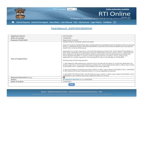 RTI dated 13-09-2020 against Supreme Court of India