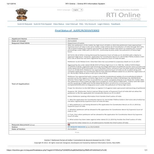 RTI dated 25.11.2019 against Honorable Chief Justice of India