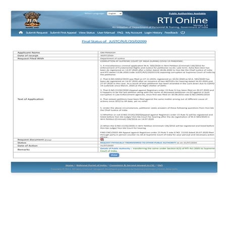 RTI dated 31-07-2020 against Supreme Court of India