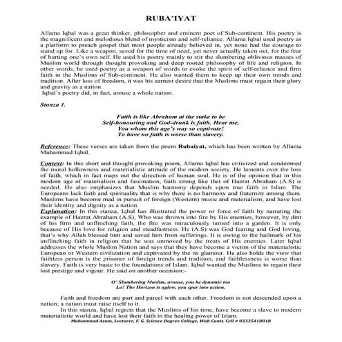 Rubaiyat -Notes by Muhammad Azam, Shaheen Academy, G-6/1-3, Islamabad