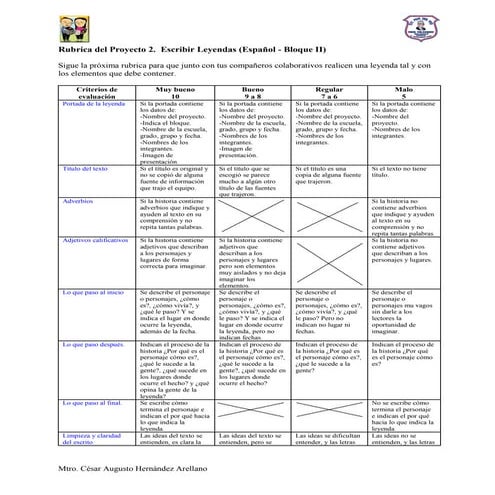 Rubrica del Proyecto 5. Escribir Leyendas (Español - Bloque II)