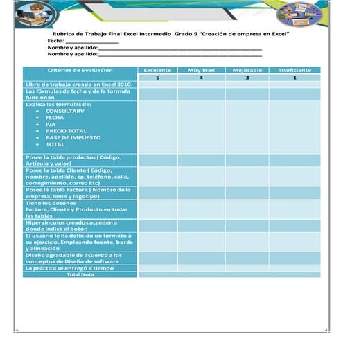 Rubrica de trabajo final excel intermedio  grado 9