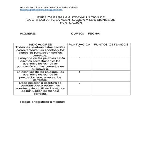 Rúbrica para la autoevaluación de la ortografía, la acentuación y los signo...