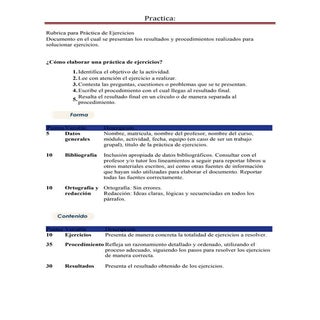 Rubrica para práctica de ejercicios