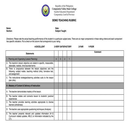 Rubric for Demo Teaching.docx | Educational Assessment | Education
