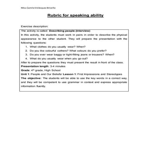 Rubric for speaking ability