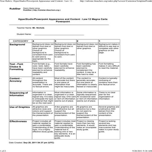 Rubric   law 12 magna carta powerpoint
