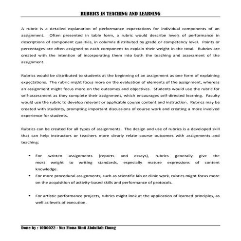 Rubrics in teaching and learning