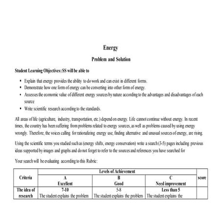 Rubric task for lesson about energy