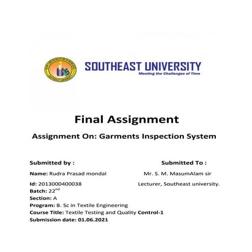 Assignment on Garments Inspection System