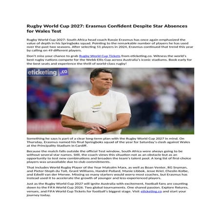 Rugby World Cup 2027 Erasmus Confident Despite Star Absences for Wales ...