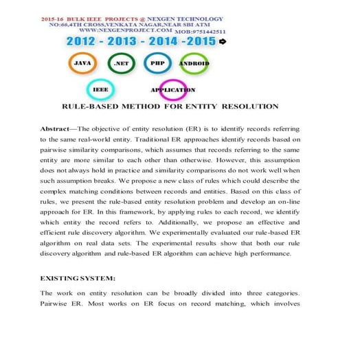 RULE-BASED METHOD FOR ENTITY RESOLUTION - IEEE PROJECTS IN PONDICHERRY,BULK I...