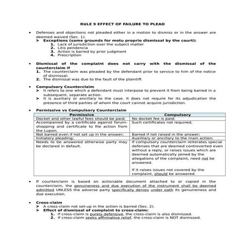 Remedial Law Rule 9 effect of failure to plead