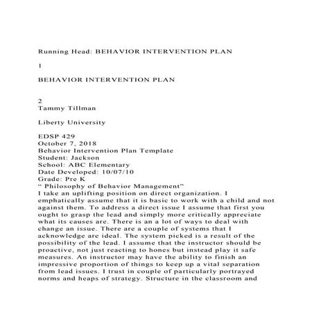 Running Head BEHAVIOR INTERVENTION PLAN 1BEHAVIOR INTER.docx