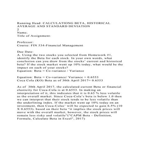 Running Head CALCULATIONG BETA, HISTORICAL AVERAGE AND STANDARD.docx