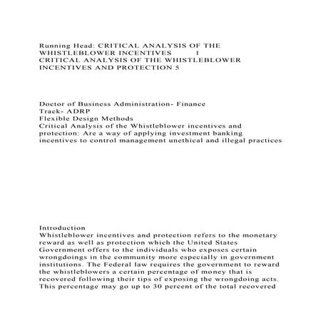 Running Head CRITICAL ANALYSIS OF THE WHISTLEBLOWER INCENTIVES  .docx