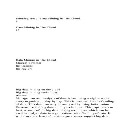 Running Head Data Mining in The Cloud                            .docx
