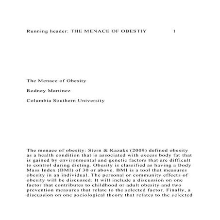 Running header THE MENACE OF OBESTIY1The Me.docx