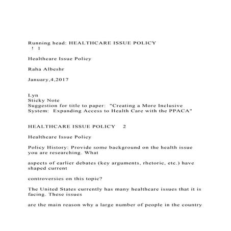 Running head HEALTHCARE ISSUE POLICY   !  1Healthcare I.docx