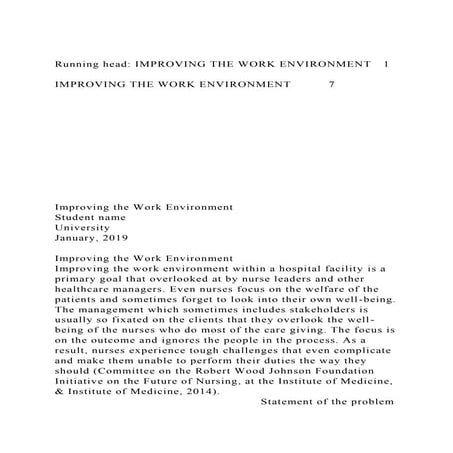 Running head IMPROVING THE WORK ENVIRONMENT1IMPROVING THE WO.docx