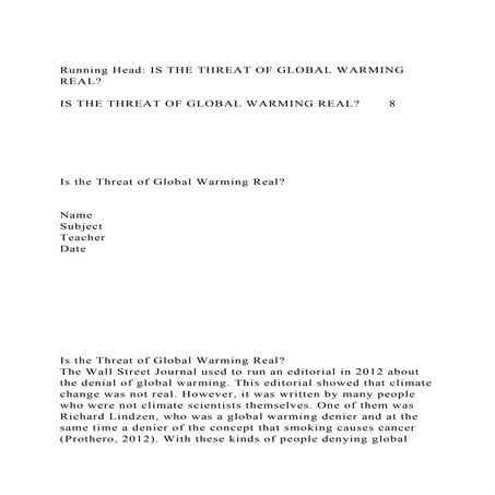Running Head IS THE THREAT OF GLOBAL WARMING REALIS THE THRE.docx