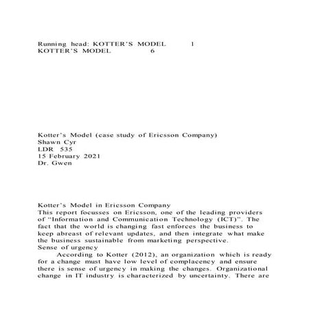Running head kotter’s model 1 kotter’s model 6