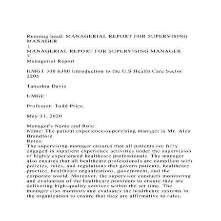 Running head MANAGERIAL REPORT FOR SUPERVISING MANAGER 1MAN.docx