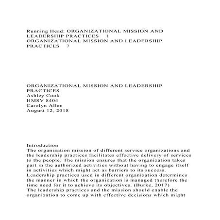 Running Head ORGANIZATIONAL MISSION AND LEADERSHIP PRACTICES1O.docx