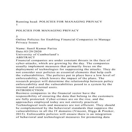 Running head POLICIES FOR MANAGING PRIVACY1POLICIES FOR M.docx